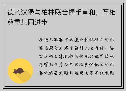 德乙汉堡与柏林联合握手言和，互相尊重共同进步