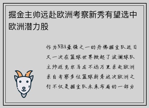 掘金主帅远赴欧洲考察新秀有望选中欧洲潜力股