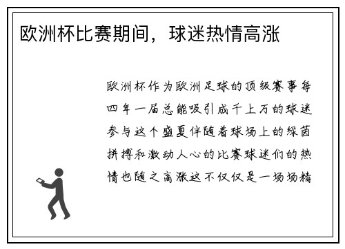 欧洲杯比赛期间，球迷热情高涨